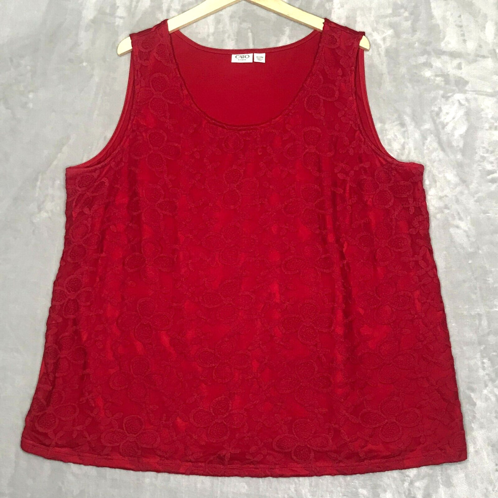 Cato Top Womens 22/24W Red Lace Front Knit Tank Shell Pullover Stretch Scoop